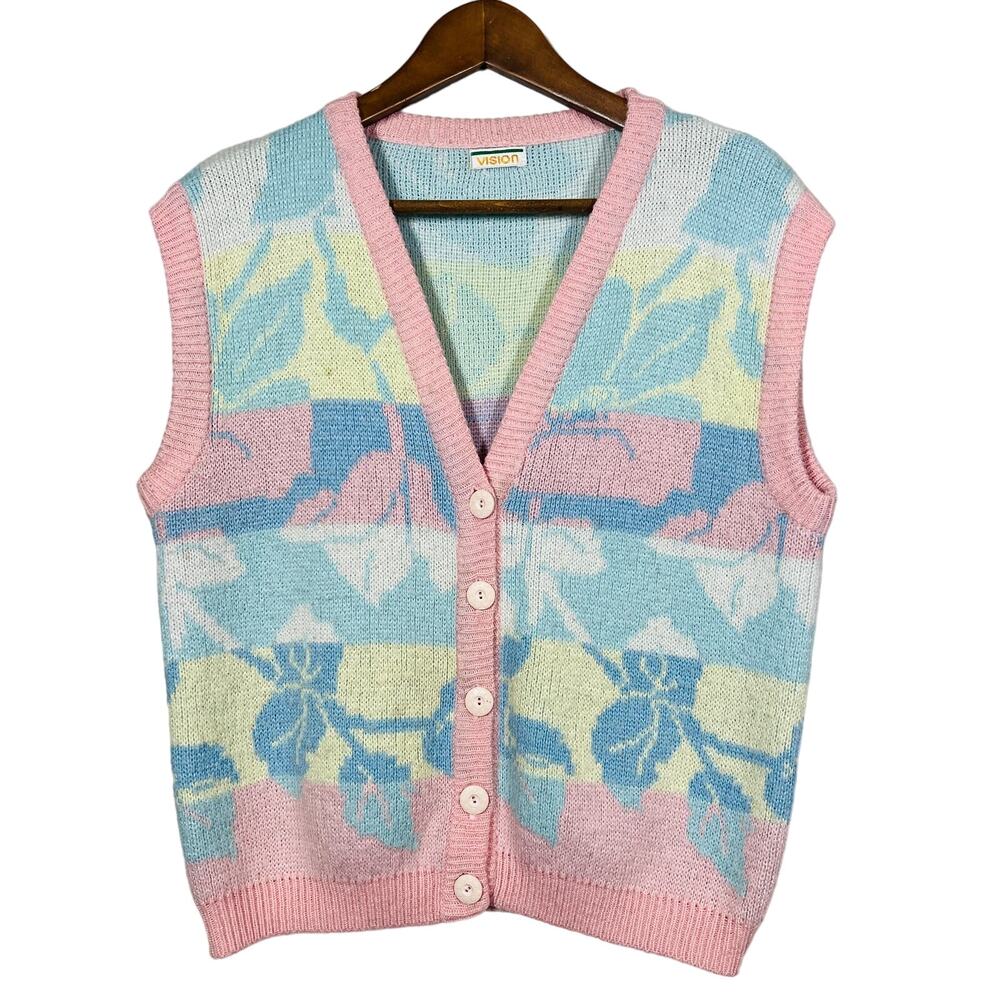 Vintage 90s Vision Skateboards Pastel Cardigan Sweater Vest Pink Whimsygoth - M